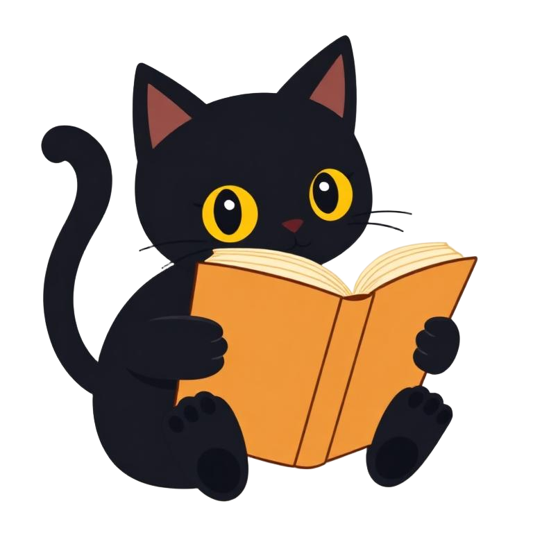 Gatinho preto sentado lendo um livro laranja